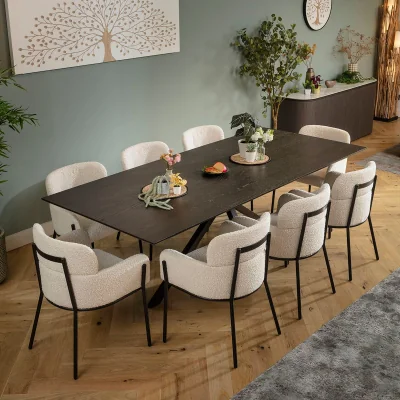 Quatropi Large Modern 8 Seater Dining Table and Chairs Set Cream Boucle Dark Oak