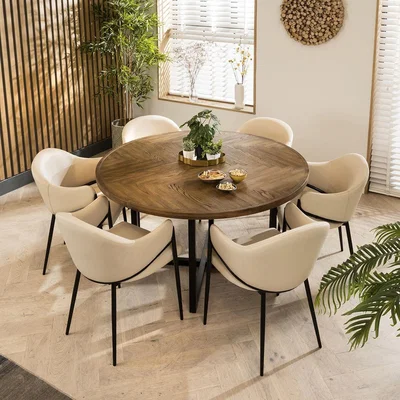 Quatropi Ashley 6 Seater Round Solid Wood Herringbone Dining Set Cream Clay