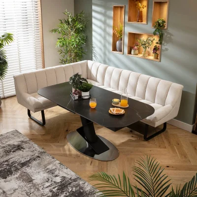 Quatropi Modern 5 Seater Extendable Corner Bench Dining Set Stone & Black Ceramic RT