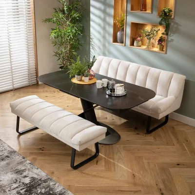 Quatropi Modern 6 Seater Extendable Bench Dining Set Stone & Black Ceramic XBT