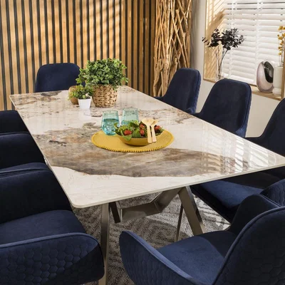 Quatropi 8 Seater White Ceramic Dining Table And Chairs Set Navy Velvet 180cm