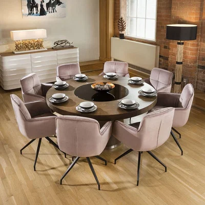 Quatropi Large Elm Round 1.6m Dining Table + 8 Rose 360 Swivel Carver Chairs