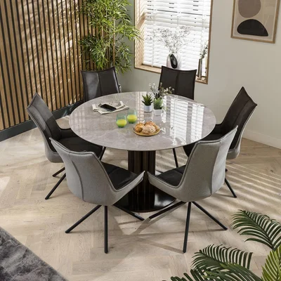 Quatropi Round Modern Table And Chairs 6 Seater Dining Set -  Luxury Gold Marble Effect - Grey Chairs