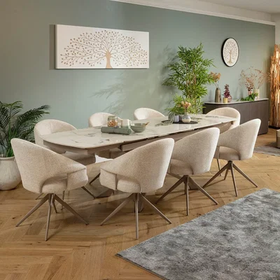 Quatropi Large 8 Seater Extendable Dining Table and Chairs Set Cream White Ceramic