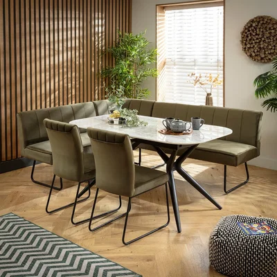 Quatropi Premium 7 Seater Extendable Corner Bench Dining Set Green & Grey Ceramic LR2