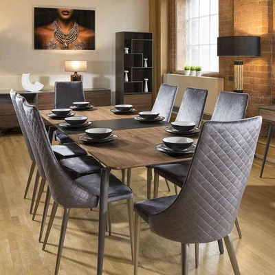 Quatropi Extending Dining Table Set Walnut / Grey 8 High Back Grey Chairs