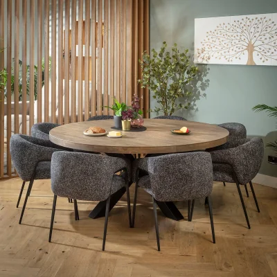Quatropi Wooden 8 Seater Round Dining Table and Chairs Set Grey Reclaimed Oak