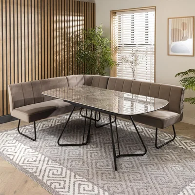 Quatropi Modern Corner Bench Dining Set 5 Seater Ceramic Extending Mink Velvet