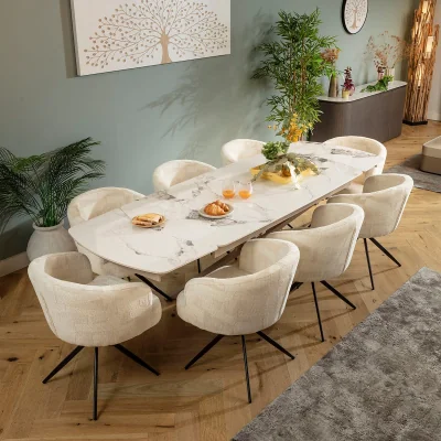 Quatropi Large 8 Seater Extendable Dining Table and Chairs Set Cream White Ceramic
