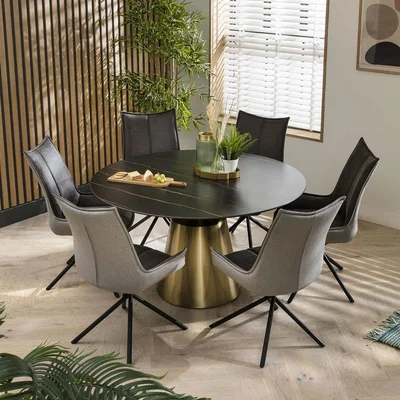 Quatropi 6 Seater Round Dining Table And Chairs Set - Black Marble Ceramic Dining Table