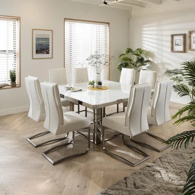 Quatropi Stylish 150cm White Glass Dining Table & 8 Leather Chairs
