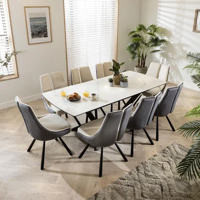 Quatropi 8 Seater Extending Set - Opulent White Ceramic Table & Cream Velvet Chairs