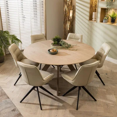 Quatropi Modern 150cm Round Wooden Dining Table And 6 Cream Leather Chairs Set