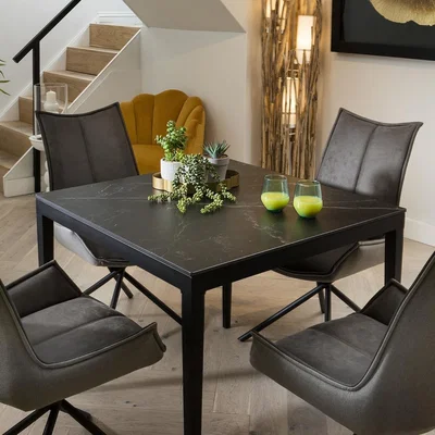 Quatropi Compact Modern Ceramic Marble Dining Table 4 Seater Set - Black