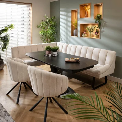Quatropi Modern 7 Seater Extendable Corner Bench Dining Set Stone & Black Ceramic R2
