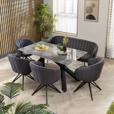 Quatropi Hattie 6 Seater Ceramic Marble Bench Dining Set Grey