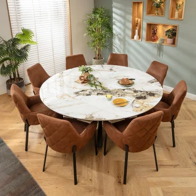 Quatropi Large Round Extendable Dining Table and Chairs 8 Seater Set Brown & White Ceramic