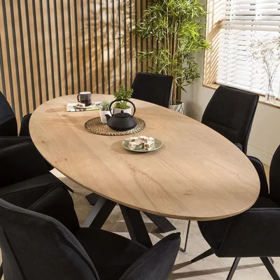 Quatropi Nova Solid Wood Natural Oval Dining Table And 6 Chairs Set Black