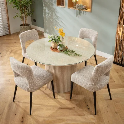 Quatropi Modern Glass-Topped Round Dining Table and Chairs 4 Seater Set Brown & Cream