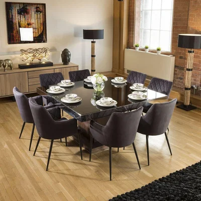 Quatropi Large Square Walnut Dining Table Black Glass +8 Charcoal Carver Chairs