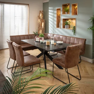 Quatropi Luxury 8 Seater Extendable Corner Bench Dining Set Brown & Black Ceramic LR3