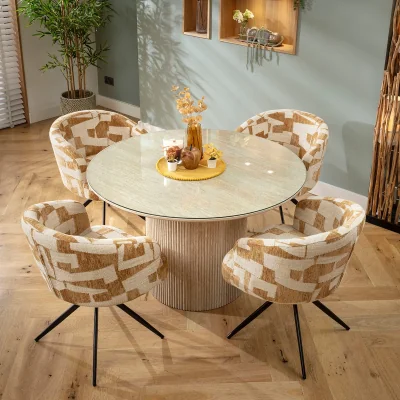 Quatropi Modern Glass-Topped Round Dining Table and Chairs 4 Seater Set Yellow & Cream