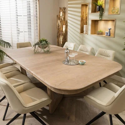 Quatropi 8 Seater Wooden Extending Dining Table Natural Cream Leather Chair Set