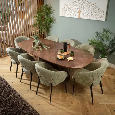 Quatropi Large Modern 8 Seater Dining Table and Chairs Set Green Walnut Wood
