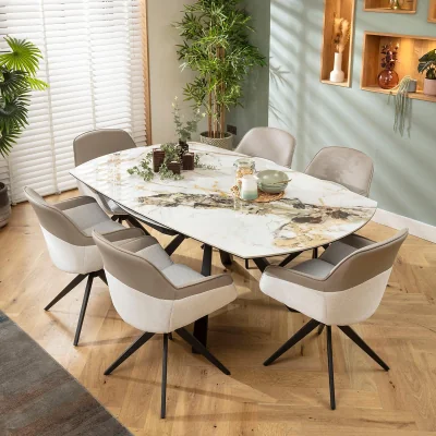 Quatropi Modern Round Extendable Dining Table and Chairs 6 Seater Set White Ceramic