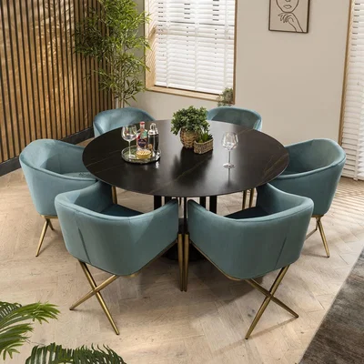 Quatropi 6 Seat Ceramic Marble Round Dining Table Chairs Set Black Green 150cm