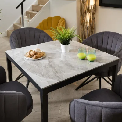 Quatropi Modern 4 Seater Dining Table And Chairs Set - Grey Ceramic Marble Table Top