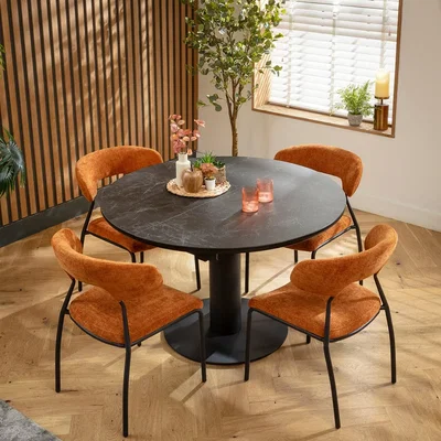 Quatropi Contemporary Round Extendable Dining Table and Chairs 4 Seater Set Burnt Orange & Black Ceramic