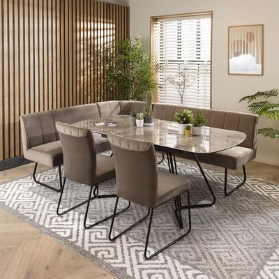 Quatropi Modern Corner Bench Dining Set 8 Seater Ceramic Extending Mink Velvet