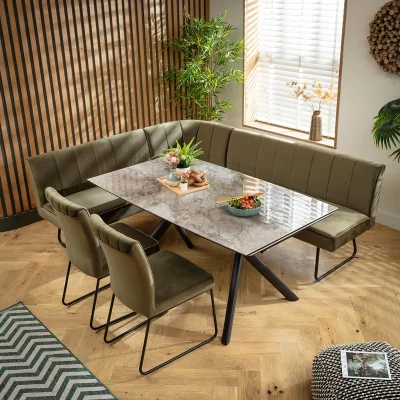 Quatropi Modern 7 Seater Extendable Corner Bench Dining Set Green & Grey Ceramic LR2