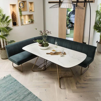 Quatropi Modern Corner Bench Dining Set 5 Seater Ceramic Extending Teal Velvet