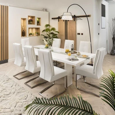 Quatropi 8 Seater Ultra-Modern White Gloss Glass Table With Leather Chairs