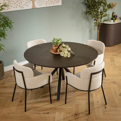 Quatropi Modern Round 4 Seater Dining Table and Chairs Set Cream Boucle Dark Oak