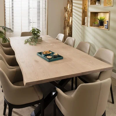 Quatropi Modern 10 Seat Live Edge Wooden Dining Table & Chair Set Natural Beige