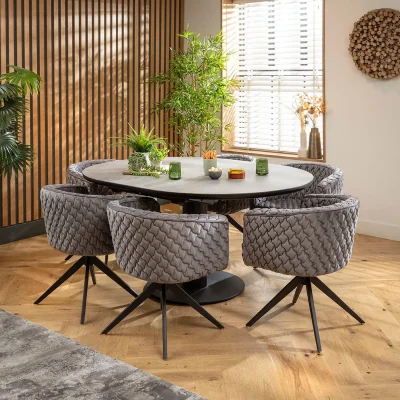 Quatropi Modern Round Extendable Dining Table and Chairs 6 Seater Set Grey Ceramic