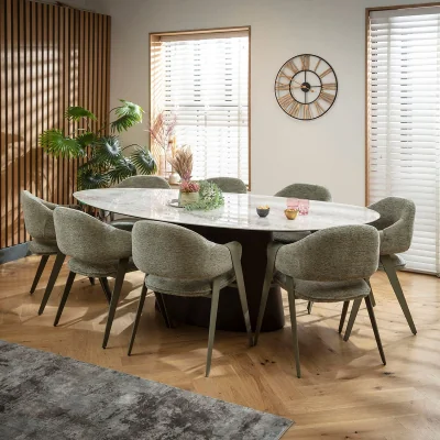 Quatropi Large Contemporary Oval Dining Table and Chairs 8 Seater Set Green & Grey Ceramic