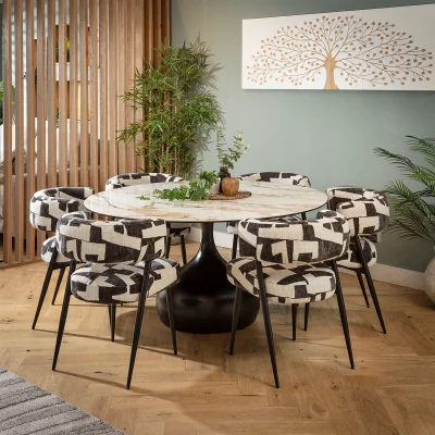 Quatropi Modern Round Ceramic Marble Dining Table and Chairs 6 Seater Set Black White
