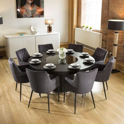 Quatropi Quatropi Large 1.6 Round Black Oak Dining Set 8 Charcoal Carver Chairs