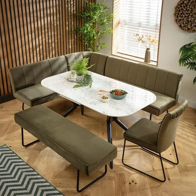 Quatropi Premium 9 Seater Extendable Corner Bench Dining Set Green & Grey Ceramic LRBB1