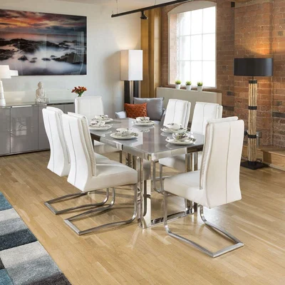 Quatropi Quatropi Sophie Modern Grey Glass Dining Table +6x White Padded Chairs