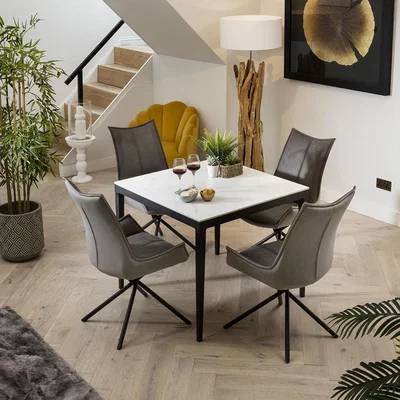 Quatropi Compact 4 Person Dining Set - White Ceramic Marble Dining Table And Chairs