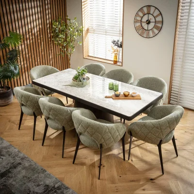 Quatropi Modern Ceramic Marble Dining Table and Chairs 8 Seater Set Green & Grey