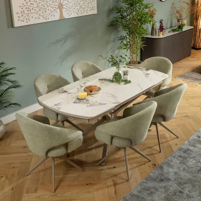 Quatropi Modern 6 Seater Extendable Dining Table and Chairs Set Green White Ceramic