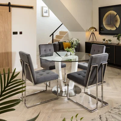 Quatropi 4 Seater Round Dining Table and Chairs | Glass & Grey Velvet Chairs