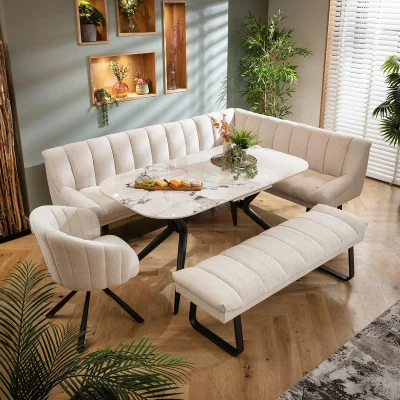 Quatropi Premium 9 Seater Extendable Corner Bench Dining Set Stone & White Ceramic LBB1