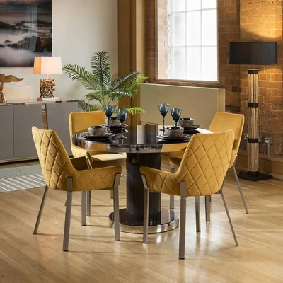 Quatropi Modern 4 Seater Round Dining Set Black Table Mustard Dining Chairs